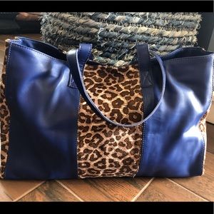 Blue Leather leopard print tote bag NWT